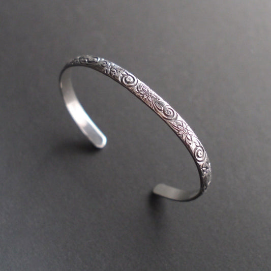 Floral Vine Pattern Cuff in 5mm Sterling Silver