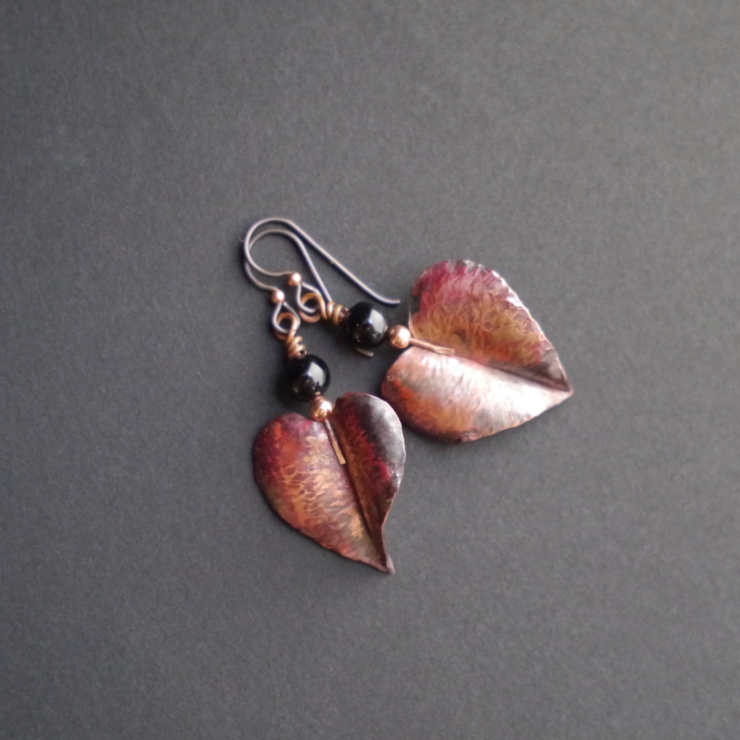 Crimson Leaf Fold-formed Earrings with Onyx Beads