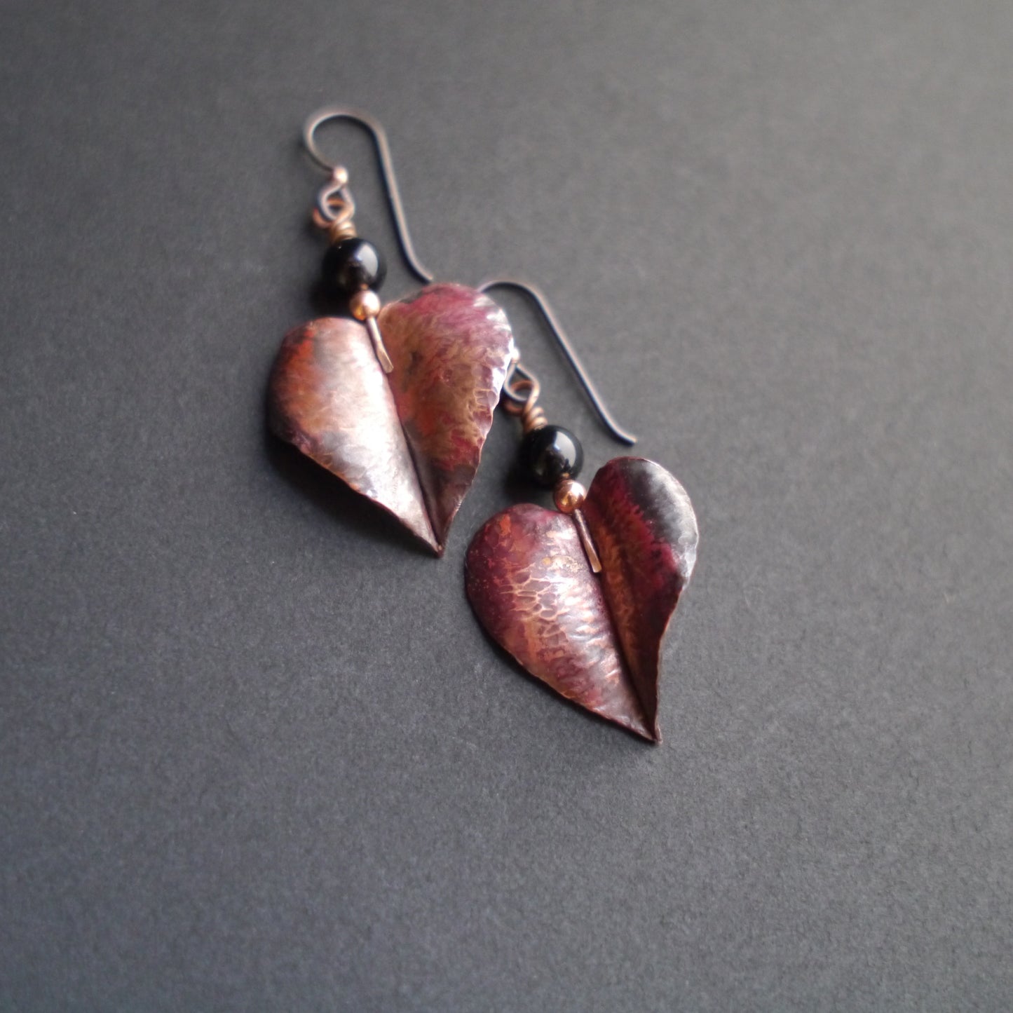 Crimson Leaf Fold-formed Earrings with Onyx Beads