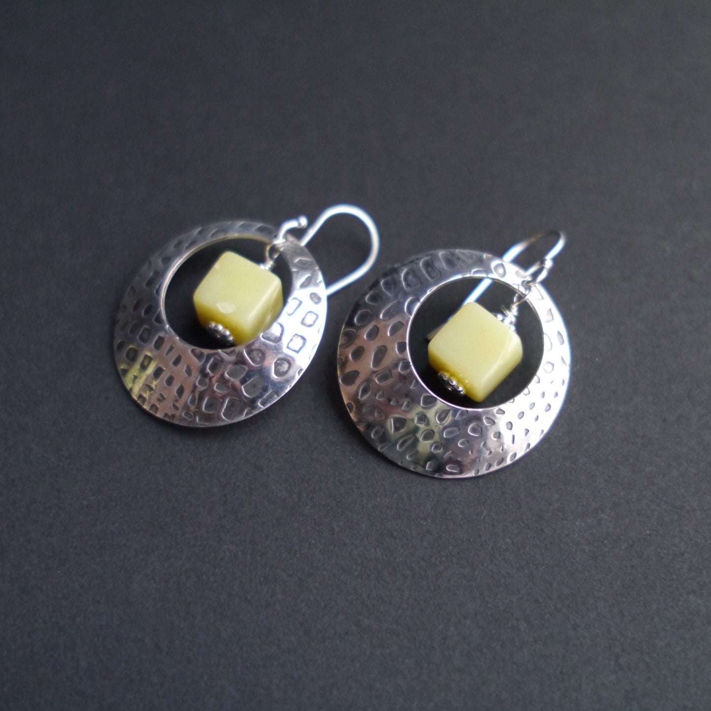 Textured Sterling Silver Statement Earrings with Lemon Chrysoprase