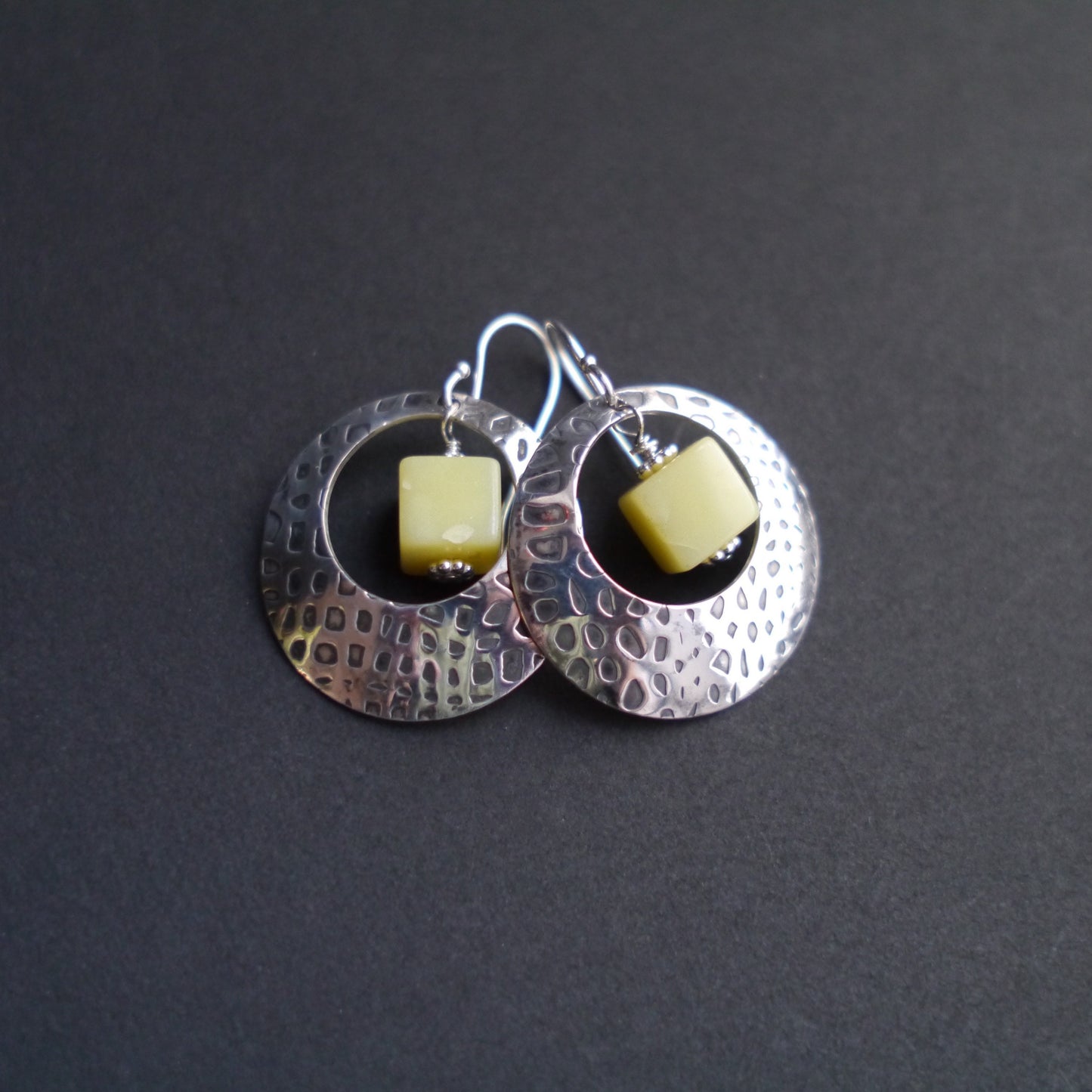 Textured Sterling Silver Statement Earrings with Lemon Chrysoprase