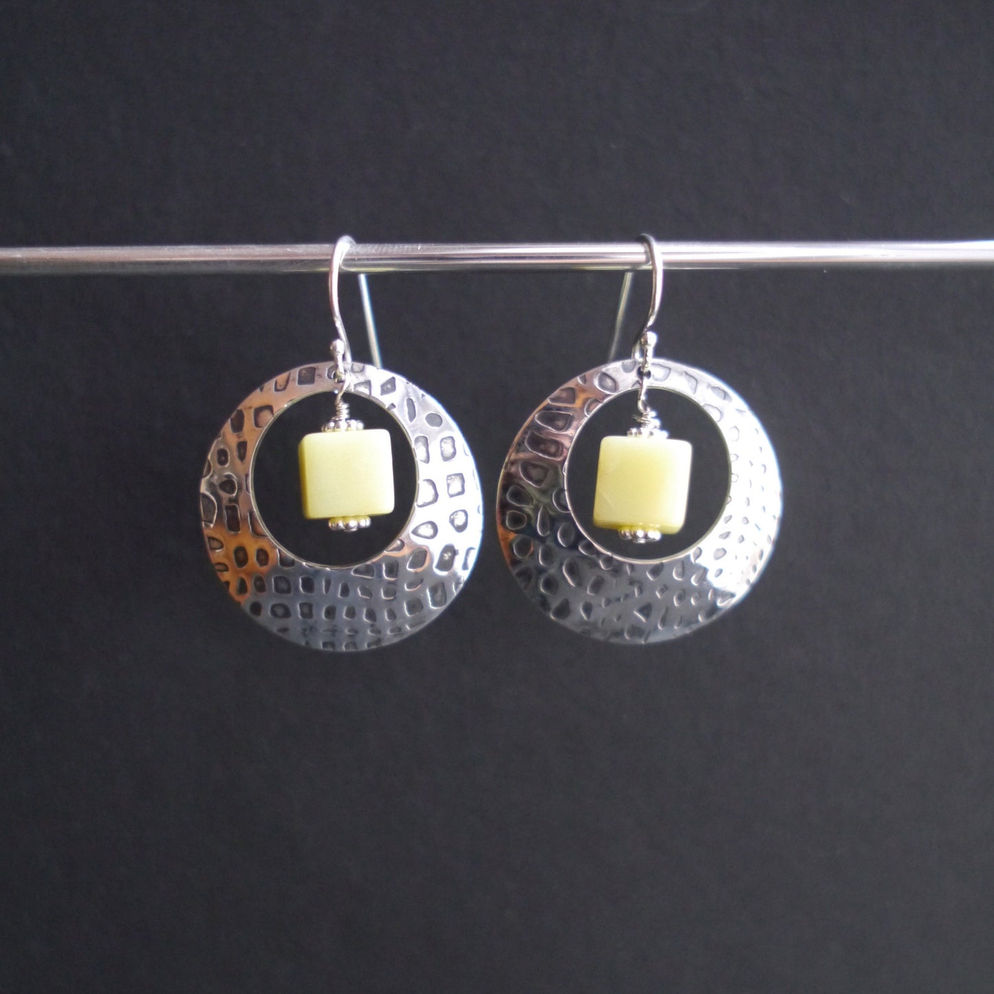 Textured Sterling Silver Statement Earrings with Lemon Chrysoprase