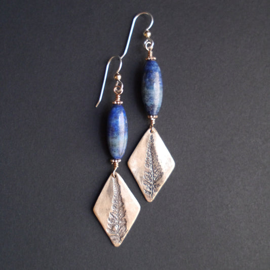 Natural Fern Earrings in Bronze with Lapis Lazuli (2)