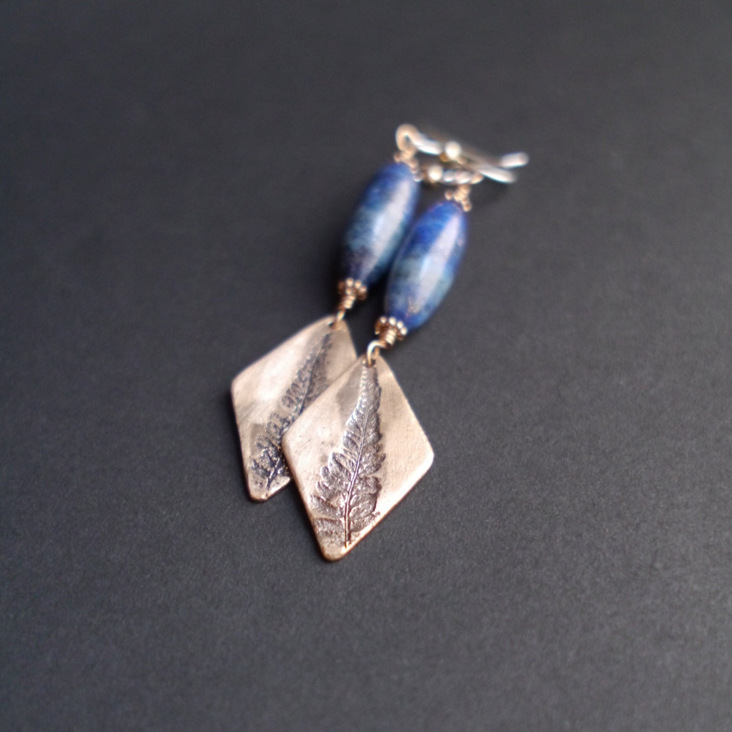 Natural Fern Earrings in Bronze with Lapis Lazuli (2)