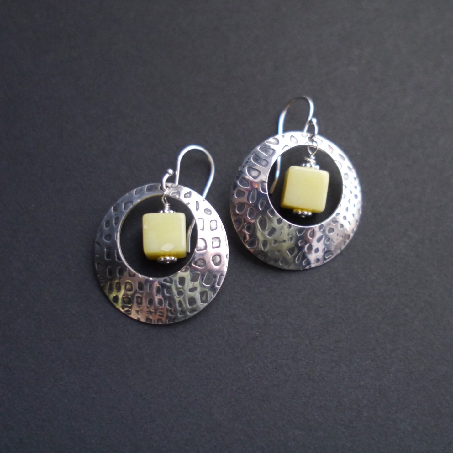 Textured Sterling Silver Statement Earrings with Lemon Chrysoprase