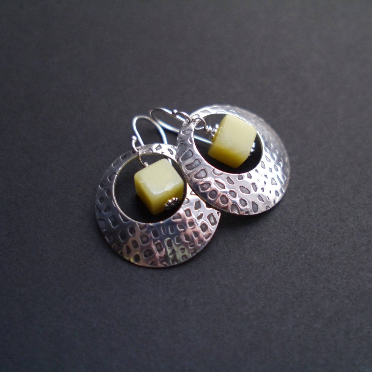 Textured Sterling Silver Statement Earrings with Lemon Chrysoprase