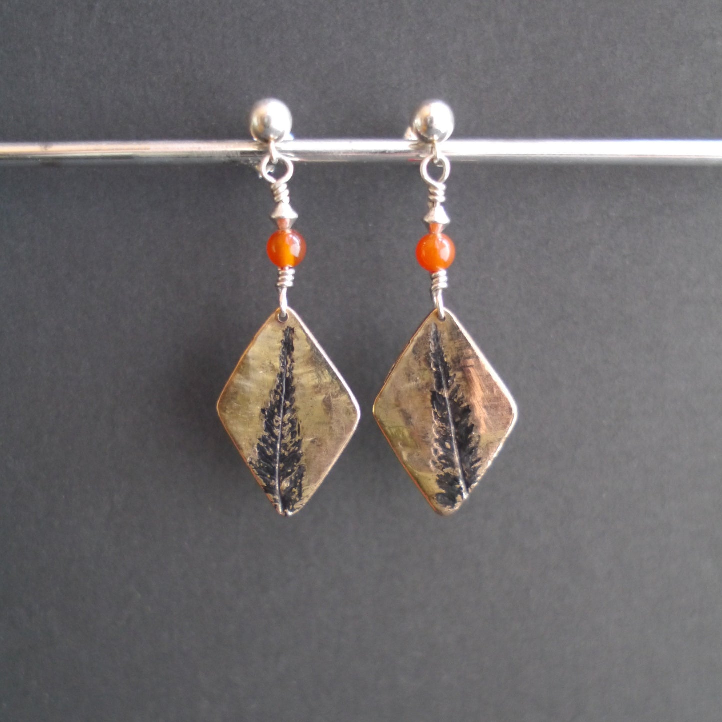 Natural Fern Earrings in Bronze with Fire Agate