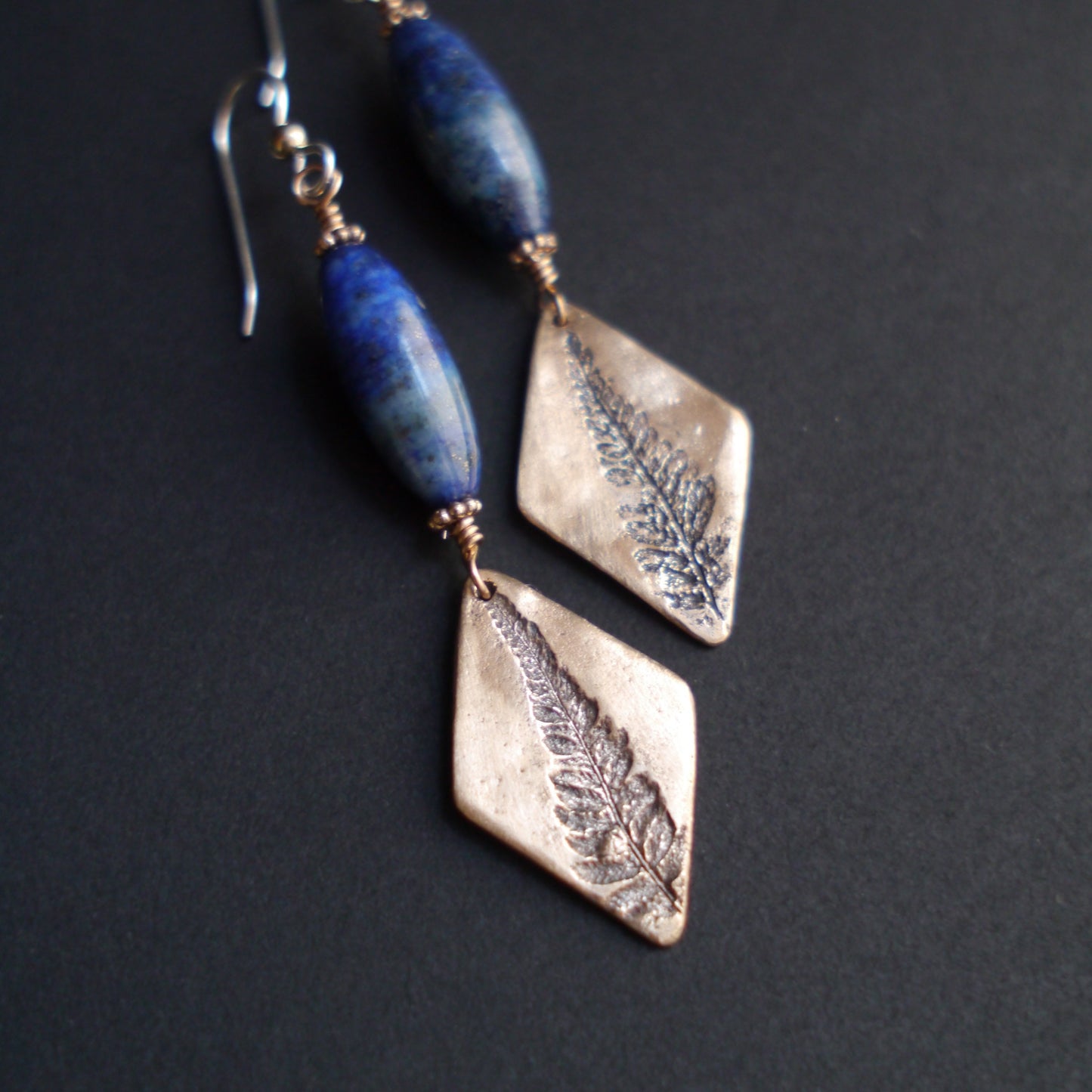 Natural Fern Earrings in Bronze with Lapis Lazuli (2)