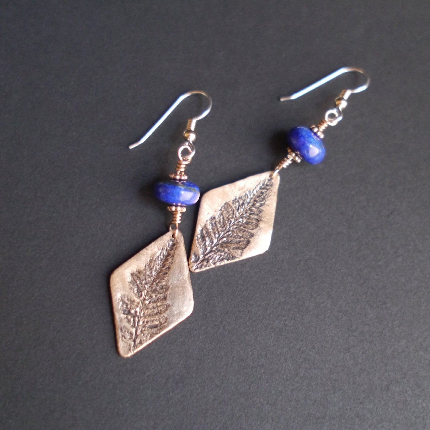 Natural Fern Earrings in Bronze with Lapis Lazuli