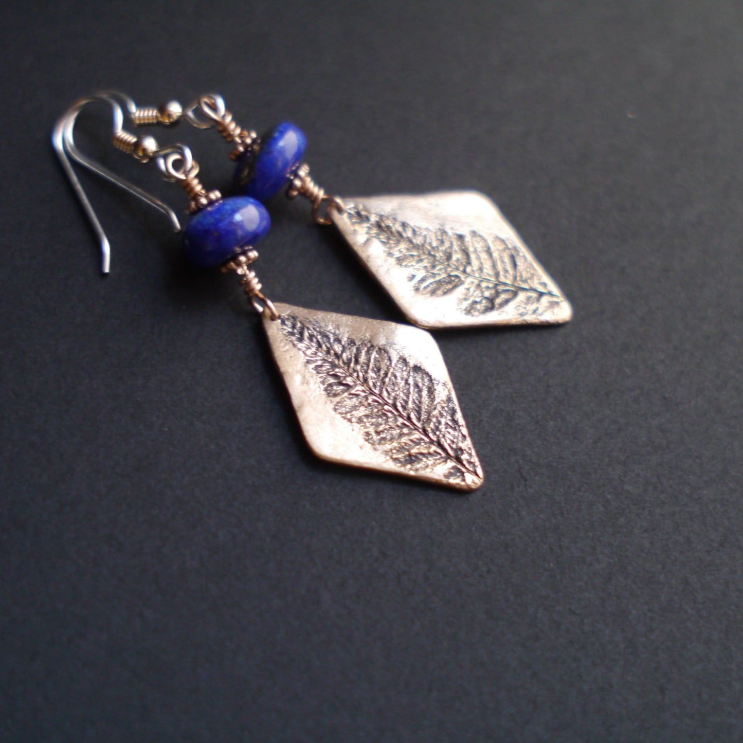 Natural Fern Earrings in Bronze with Lapis Lazuli