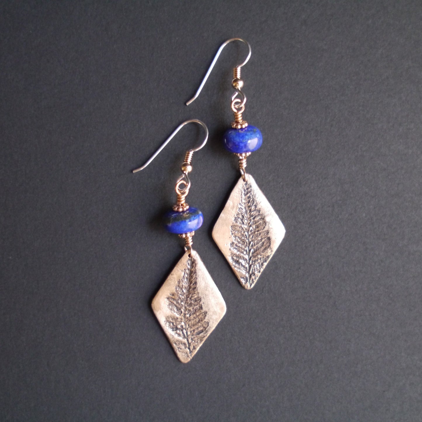 Natural Fern Earrings in Bronze with Lapis Lazuli