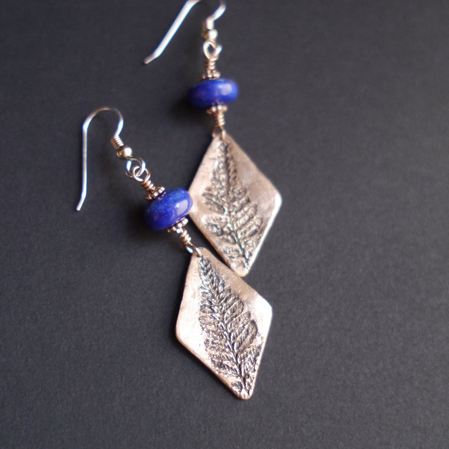 Natural Fern Earrings in Bronze with Lapis Lazuli